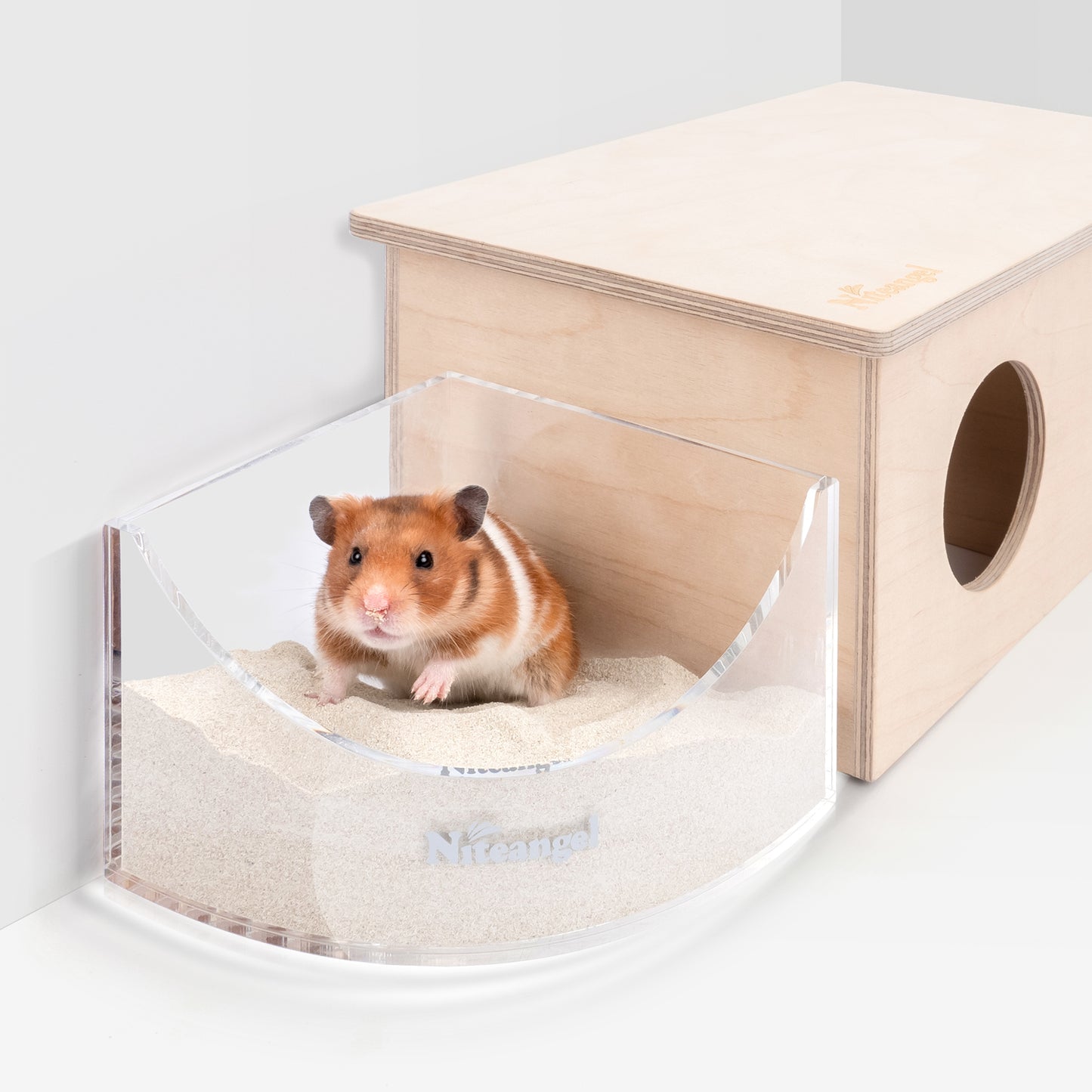 Niteangel Small Animal Sand-Bath Box - Acrylic Critter's Sand Bath Shower Room & Digging Sand Container for Hamsters Mice Lemming Gerbils or Other Small Pets (Fan-Shaped, Transparent)